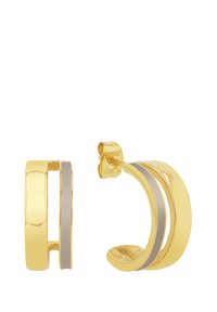 Goldene Creolen mit polierter Oberfläche, die ein elegantes Design und einen hellgrauen Akzentstreifen aufweisen. Hergestellt aus rostfreiem Stahl.
