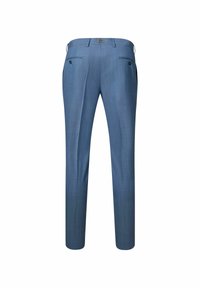 Blauwe op maat gemaakte broek met een gladde textuur, licht taps toelopende benen, twee achterzakken en een gestroomlijnd taillebanddetail.