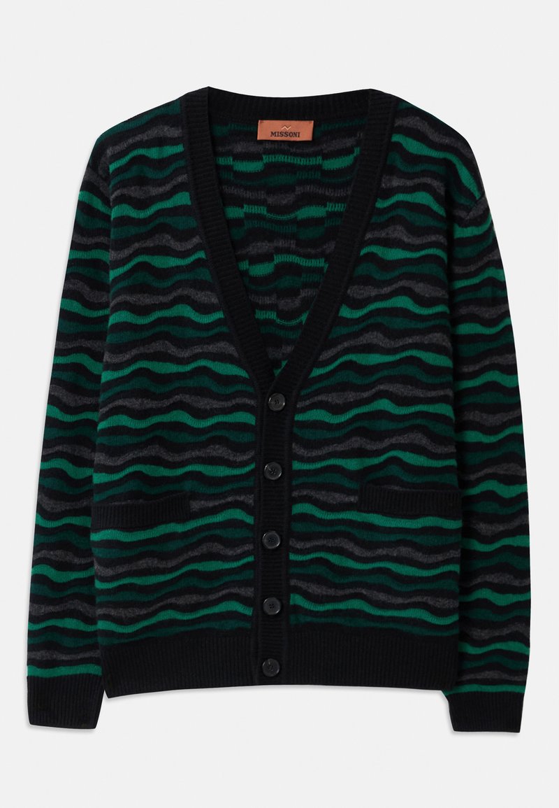 Green and black cardigan with wave pattern, featuring a V-neck, five buttons, and two front pockets. Made of soft, textured material.
