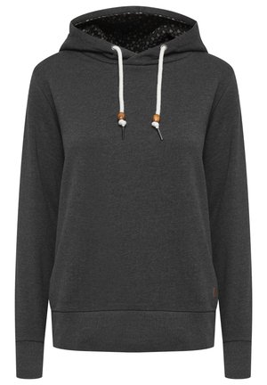 Dark gray hoodie with a drawstring hood, featuring wooden bead accents, long sleeves, and a soft, textured fabric.