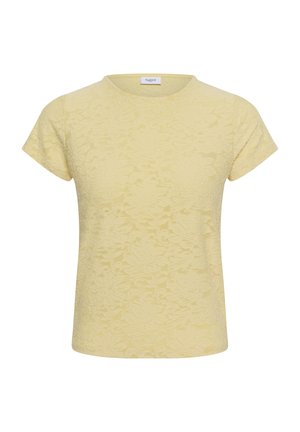 Blouse à manches courtes en dentelle florale texturée jaune pâle, col rond, coupe simple, sans boutons ni ornements visibles.
