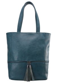 Torebka tote w kolorze niebiesko-zielonym z syntetycznej skóry, z dwoma ramiączkami, kieszenią na zamek oraz ozdobnym detalem w postaci frędzla. Gładka tekstura i wyraźnie zdefiniowany kształt.