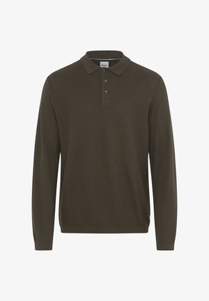 Polo à manches longues vert olive foncé avec un col côtelé et une patte de boutonnage à trois boutons, présenté sur un fond blanc.