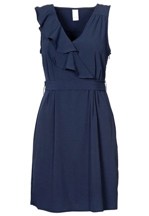 Vestido azul marino sin mangas con cuello en V, detalle de volante en un hombro y cinturón a juego en la cintura.