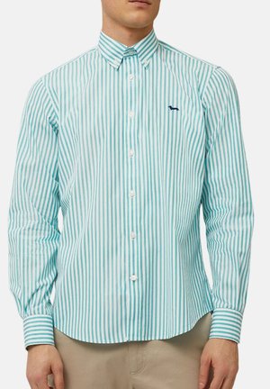 Button-up shirt in light teal and white vertical stripes. Features a small logo on the left chest and a classic collar design.