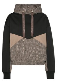 Hooded sweatshirt featuring black sleeves and body, beige panel with logo pattern, and brown drawstrings with metal accents.