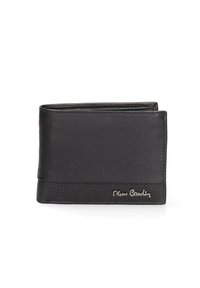 Zwarte leren portemonnee met een gladde bovenkant en een geperforeerde ondersectie, met een subtiele geperste logo. Compacte bi-fold ontwerp.