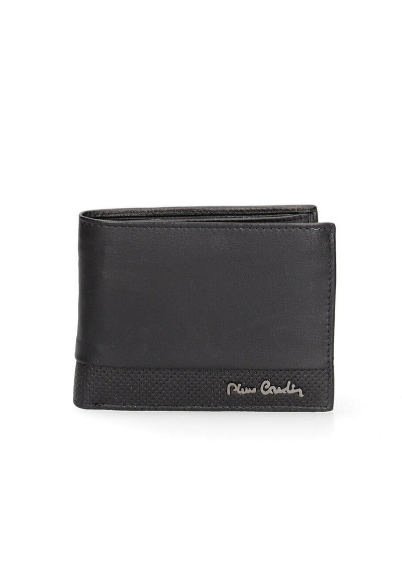Zwarte leren portemonnee met een gladde bovenkant en een geperforeerde ondersectie, met een subtiele geperste logo. Compacte bi-fold ontwerp.