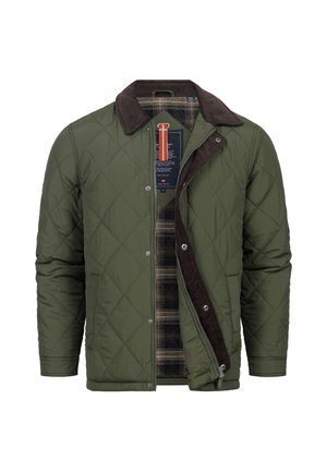 Vihreä tikattu takki, jossa on ruskea corduroy-kaulus, napitus ja ruutuvuori. Ominaisuuksiin kuuluvat näkyvät ompeleet ja nepparit.