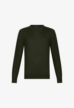 Maglione verde scuro con maniche lunghe, scollatura rotonda e una texture liscia e omogenea. Design semplice, senza motivi né decorazioni.