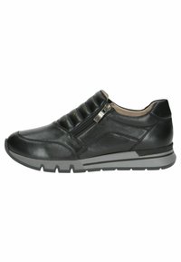Sneaker nera in pelle con chiusura a zip, parte superiore imbottita, dettagli testurizzati e suola in gomma grigia con scanalature per aderenza.