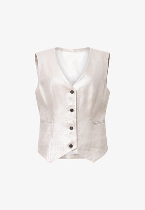 Jasno beżowa kamizelka z dekoltem w serek, wykonana z teksturowanej tkaniny, z pięcioma ciemnymi guzikami i kieszeniami po bokach. Bez rękawów, dopasowany krój.