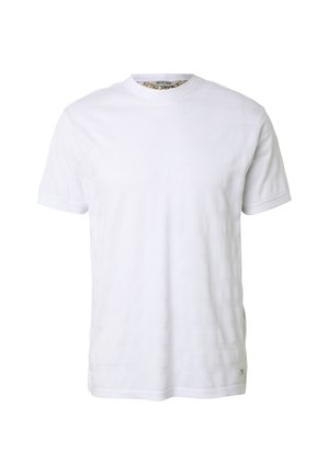 White short-sleeve crew neck T-shirt with subtle horizontal textured stripes and a small logo tag near the hem.