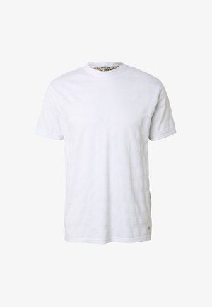 White short-sleeve crew neck T-shirt with subtle horizontal textured stripes and a small logo tag near the hem.