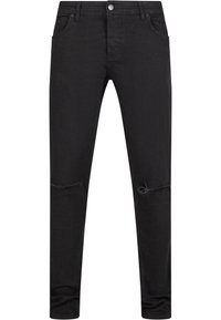 Pantalones vaqueros de mezclilla negra con un corte slim, que presentan detalles desgastados en las rodillas, cinco bolsillos y un cierre de botón metálico.