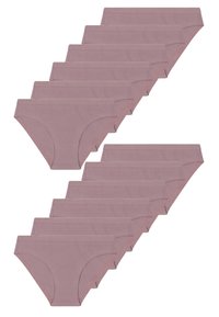 Pakke med tolv par kvindelige bomulds trusser i en blød mauve farve med en glat tekstur og elastisk talje.