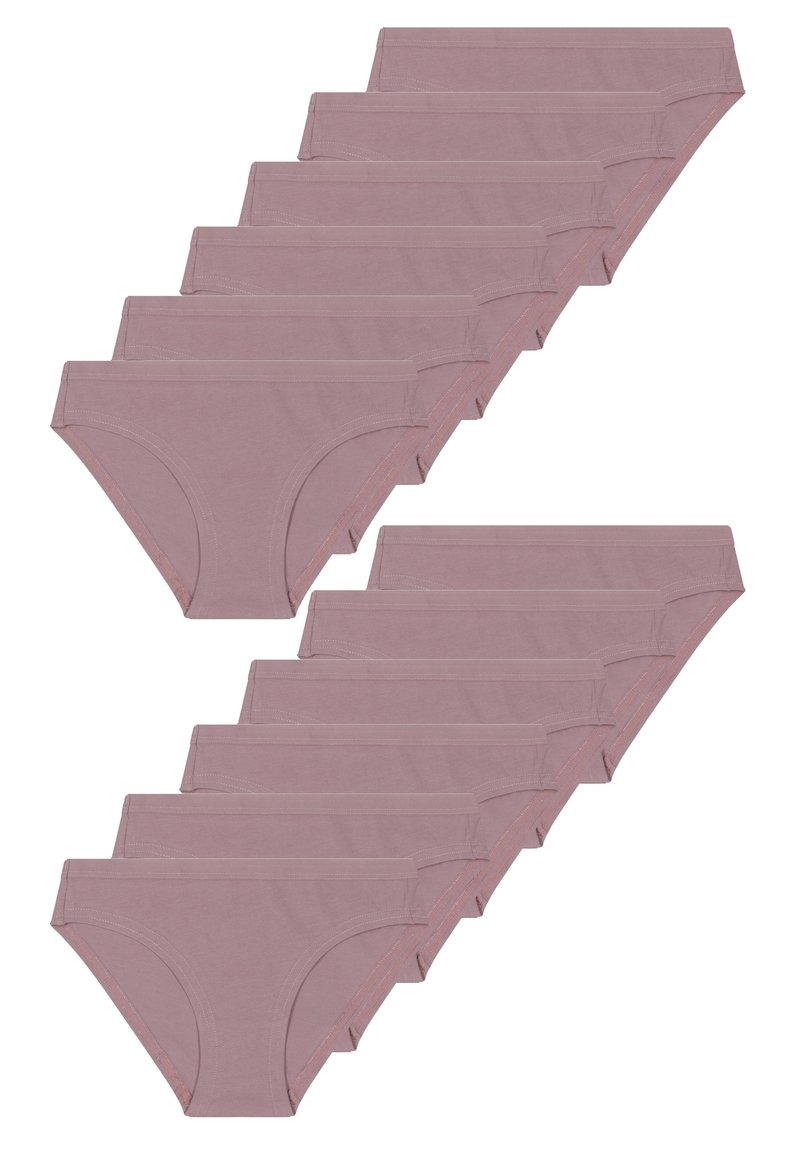 Pakke med tolv par kvindelige bomulds trusser i en blød mauve farve med en glat tekstur og elastisk talje.