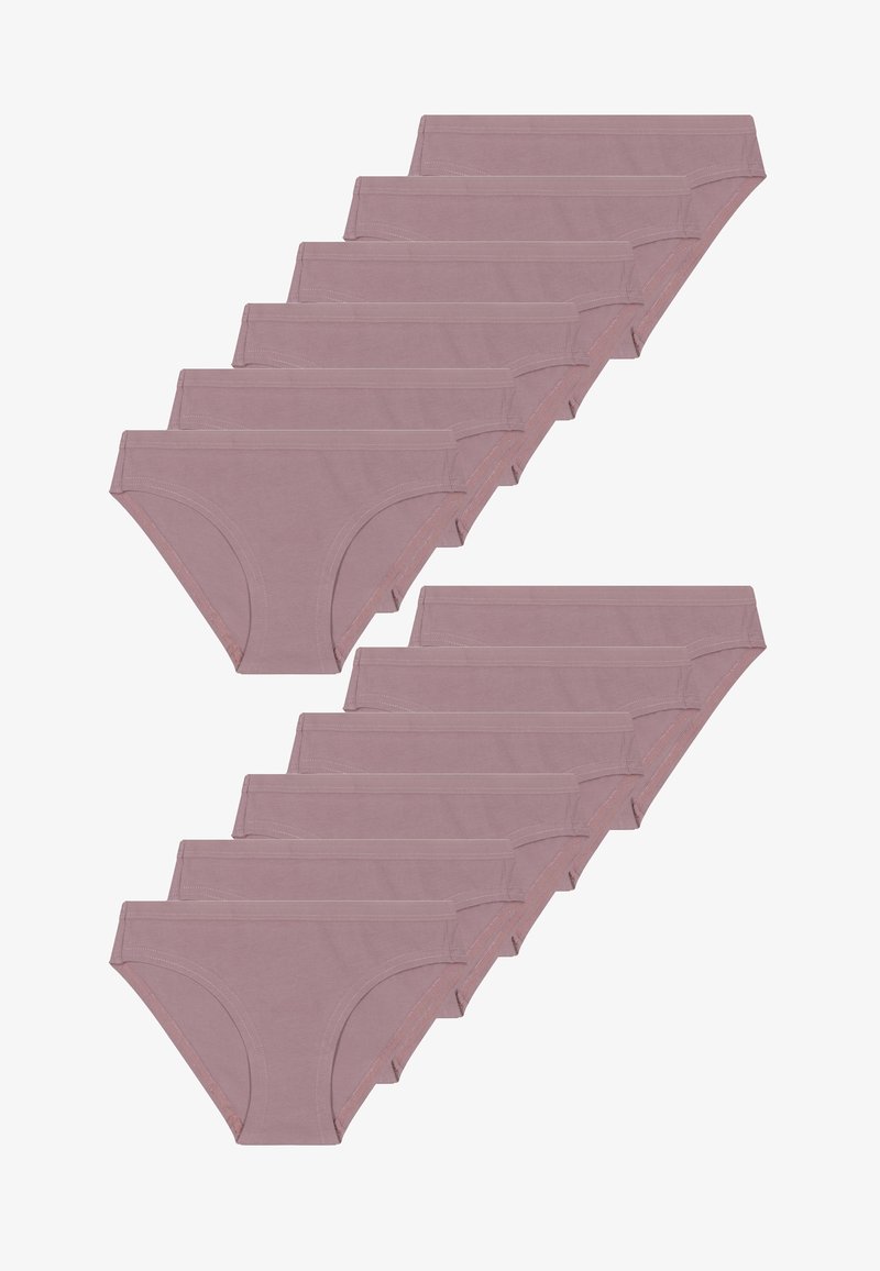 Pakke med tolv par kvindelige bomulds trusser i en blød mauve farve med en glat tekstur og elastisk talje.