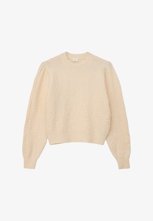 Pull crème avec une surface texturée, encolure ronde et manches longues légèrement bouffantes. Ourlets et poignets côtelés.