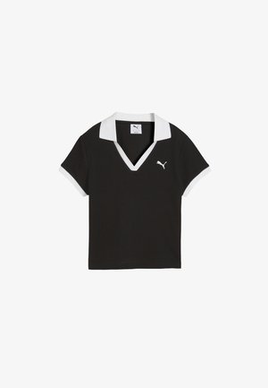 Tricou negru cu mâneci scurte, cu model striat, guler alb și manșete ale mânecilor albe, decolteu în V și logo Puma alb pe partea stângă a pieptului.
