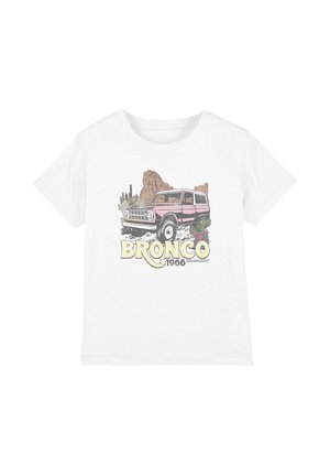 White t-shirt with illustration of a vintage pink Bronco 4x4, desert cactus, rock formations, and text "BRONCO 1966" on front.