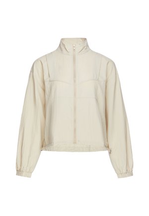 Hellbeige langärmelige Jacke mit Frontreißverschluss, Stehkragen, elastischen Bündchen und leicht gekürztem Saum.