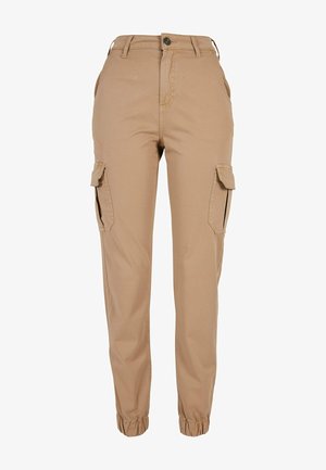 Tan cargo pants with elastic cuffs, made of durable material. Features side pockets and a front button closure. Smooth texture and tapered design.