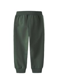 Pantalons de survêtement vert foncé en tissu doux, avec une taille et des poignets côtelés ; comporte des panneaux latéraux dans une teinte plus claire.