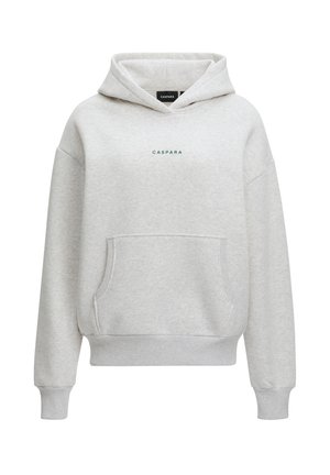 Lysegrå hettegenser med frontlomme og "CASPARA"-logo sentrert på brystet.