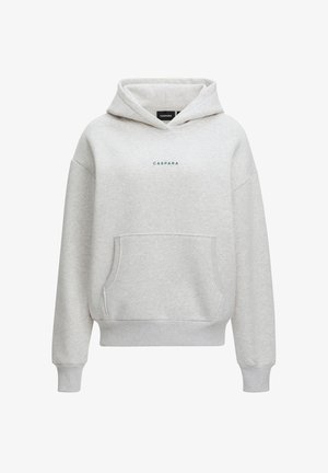 Lysegrå hættetrøje med frontlomme og "CASPARA"-logo centreret på brystet.