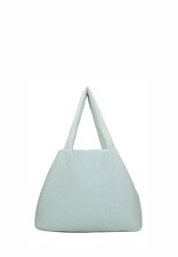 Sac fourre-tout en tissu léger bleu ciel, moelleux, avec un motif léopard subtil sur l'ensemble. Doté de deux poignées arrondies et d'une forme triangulaire.