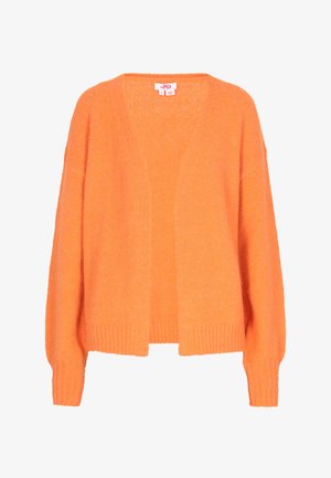 Oranž villane kardigan V-kaelusega, laiade varrukatega ja soonikäärdega. Pehme, struktureeritud kangas ilma kinnitusteta.