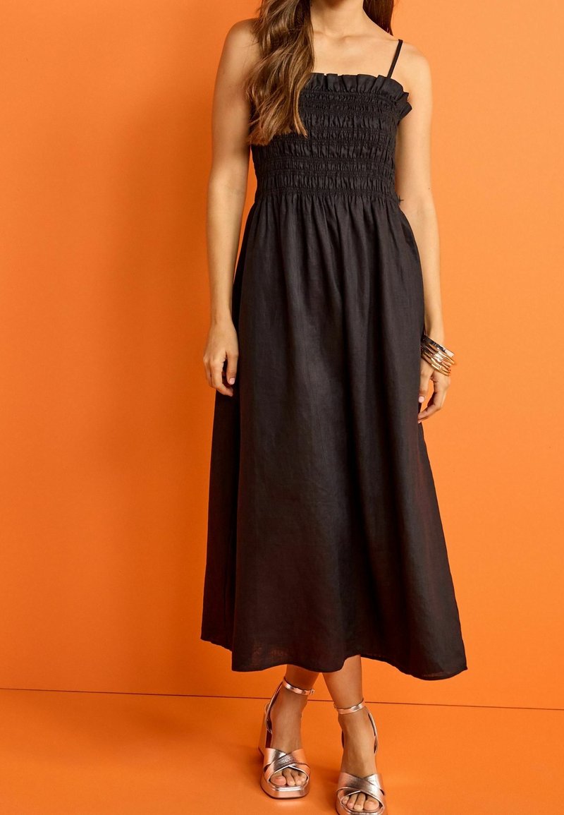 Femme portant une robe midi noire sans manches avec corsage smocké et bordure à volants, talons métalliques à bride à la cheville et bracelets joncs sur fond orange.