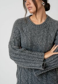Maglione grigio a maglia con scollatura rotonda e maniche a coste. Texture spessa con motivi prominenti, che mettono in mostra un materiale caldo e lavorato a maglia.