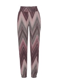 Pantaloni in tessuto testurizzato con motivo a zigzag nelle tonalità di marrone, rosa e grigio, con vita elastica e gambe affusolate.