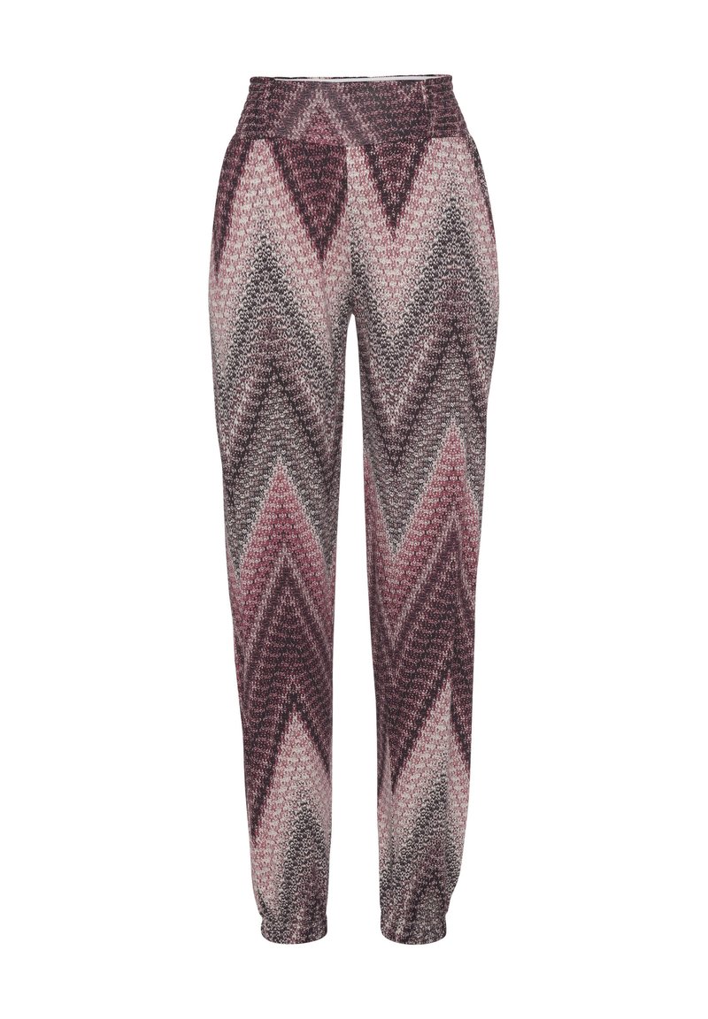 Pantaloni in tessuto testurizzato con motivo a zigzag nelle tonalità di marrone, rosa e grigio, con vita elastica e gambe affusolate.