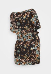 Black floral dress featuring short sleeves, a flowing design, with multicolored flowers in shades of blue, orange, and green.