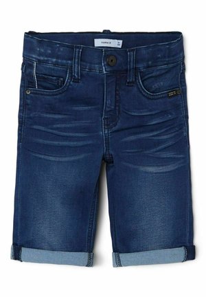 Mørkeblå denim shorts til knælængde med op rullede manchetter, bæltestropper, forlommer og knaplukning.