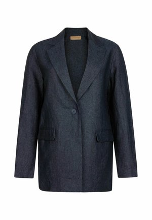 Ein-Knopf dunkelblauer Blazer mit Kerbkragen, zwei vorderen Klappentaschen und langen Ärmeln, dargestellt vor weißem Hintergrund.