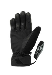 Des gants noirs avec une paume en cuir doux et un dos en tissu. Poignet élastique avec fermeture Velcro ; comprend une sangle de marque sur le côté.