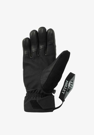 Schwarze Handschuhe mit einer weichen Lederhandfläche und einem Stoffrücken. Elastisches Handgelenkband mit Klettverschluss; enthält ein markiertes Band an der Seite.