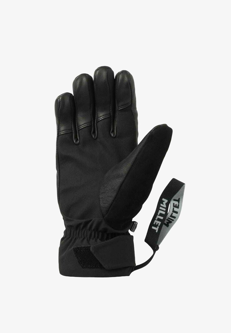 Des gants noirs avec une paume en cuir doux et un dos en tissu. Poignet élastique avec fermeture Velcro ; comprend une sangle de marque sur le côté.