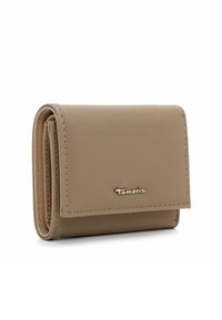 Tan synthetic leather wallet with a folded design, gold logo accent, and contrasting stitching along the edges. Compact shape and smooth texture.