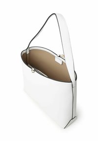 Borsa a tracolla in pelle bianca con una texture liscia, design a forma curva nella parte superiore, interno beige e dettagli in nero lungo i bordi.
