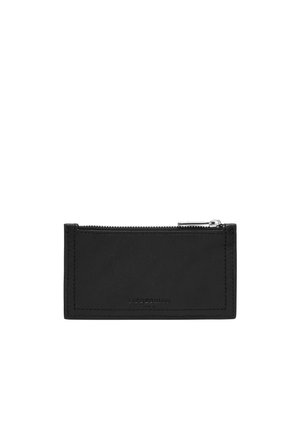 Black leather wallet with a zip closure, simple rectangular design, smooth texture, and a subtle embossed logo at the front.
