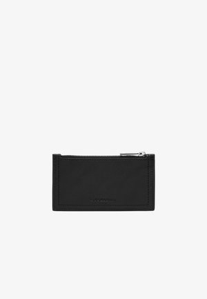 Black leather wallet with a zip closure, simple rectangular design, smooth texture, and a subtle embossed logo at the front.