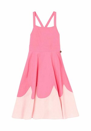 Rosa ärmelloses Kleid mit gekreuzten Trägern und einem ausgestellten Rock mit hellrosa wellenförmigem Saum.
