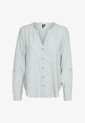 Heledhall šviesiai halli, ilgomis rankovėmis marškinių, pagamintų iš lino, su V formos iškirpte, glotnia tekstūra ir sagų akcentais prie rankogalių.