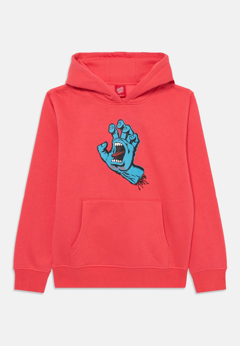 Sweatshirt cor-de-rosa com um bolso frontal; apresenta um gráfico azul de uma mão com uma boca aberta, destacando cores vibrantes e um design de estilo cartoon.