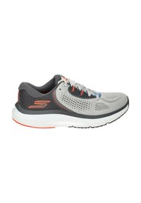 Men's running shoe with a gray mesh upper, black accents, and orange details. Features a white midsole and black rubber outsole.